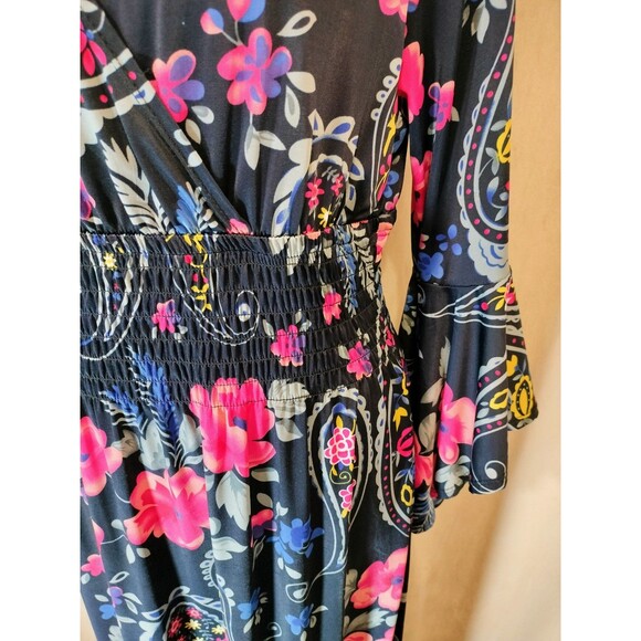 Magic Women's Navy Floral Maxi Dress w/Bell Sleeves & Surplice Neckline. Size XL - Picture 3 of 7